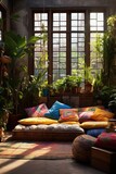 Bohemian living room with floor cushions, hanging plants, colorful tapestries, and a low wooden coffee table. Generative AI