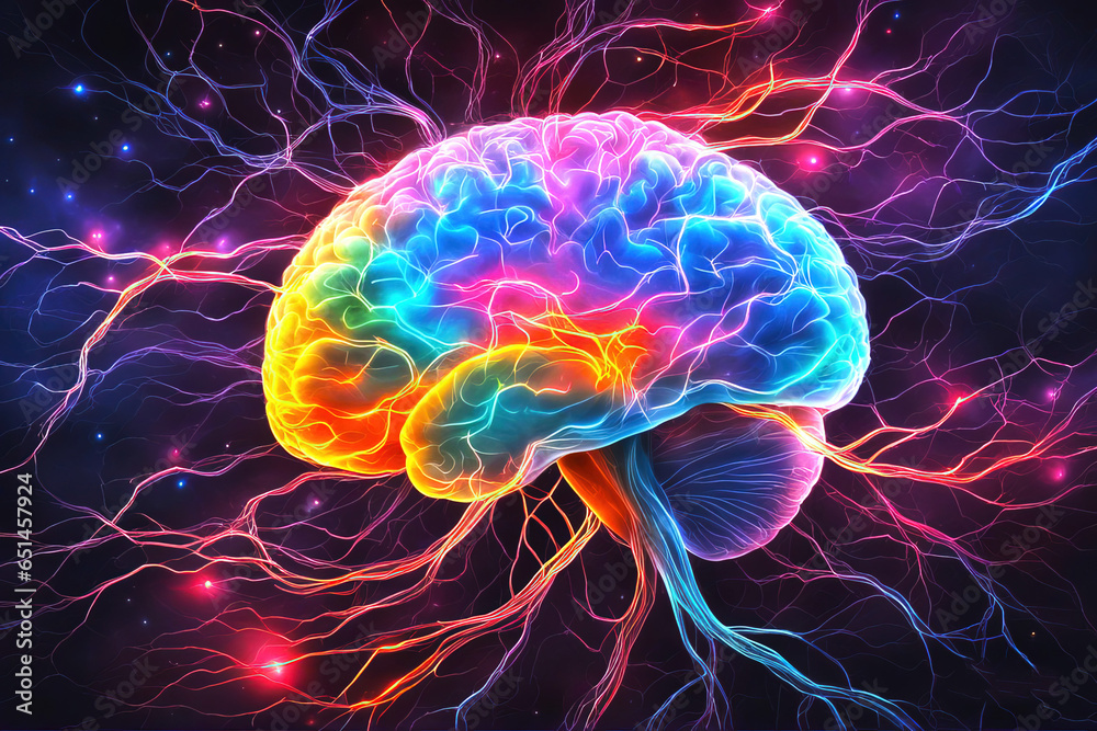 Human brain with electrical activity, colored neurons glowing on black background.