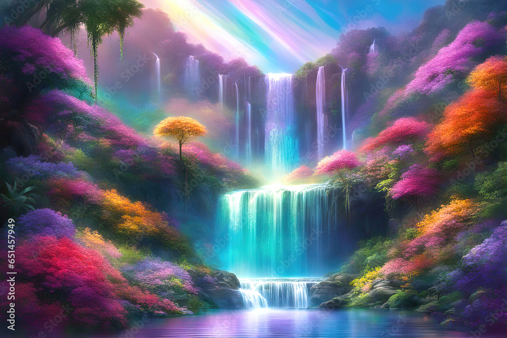 Beautiful landscape with waterfalls and flowers, magical idyllic background with many flowers in Eden.