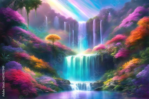 Beautiful landscape with waterfalls and flowers  magical idyllic background with many flowers in Eden.