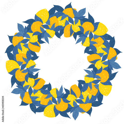 Vector contrast round border with lemons, blue foliages and copy space. Hand drawn flat card with fruits and place for text. Circle frame