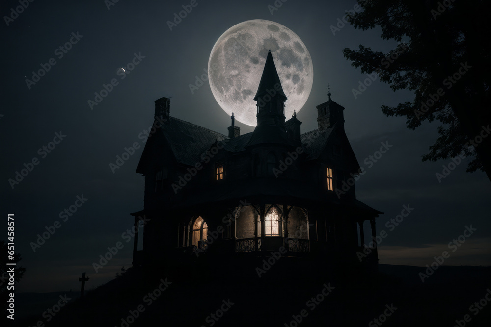 Spooky haunted house in the moonlight