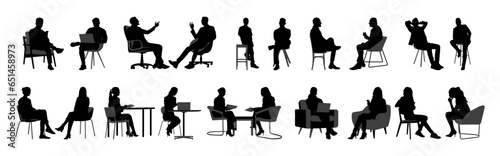 Vector set of detailed people sitting silhouettes isolated on white background