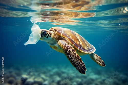 Sea Turtles can eat plastic bags mistaking them for jellyfish.Environmental issue of plastic pollution problem.