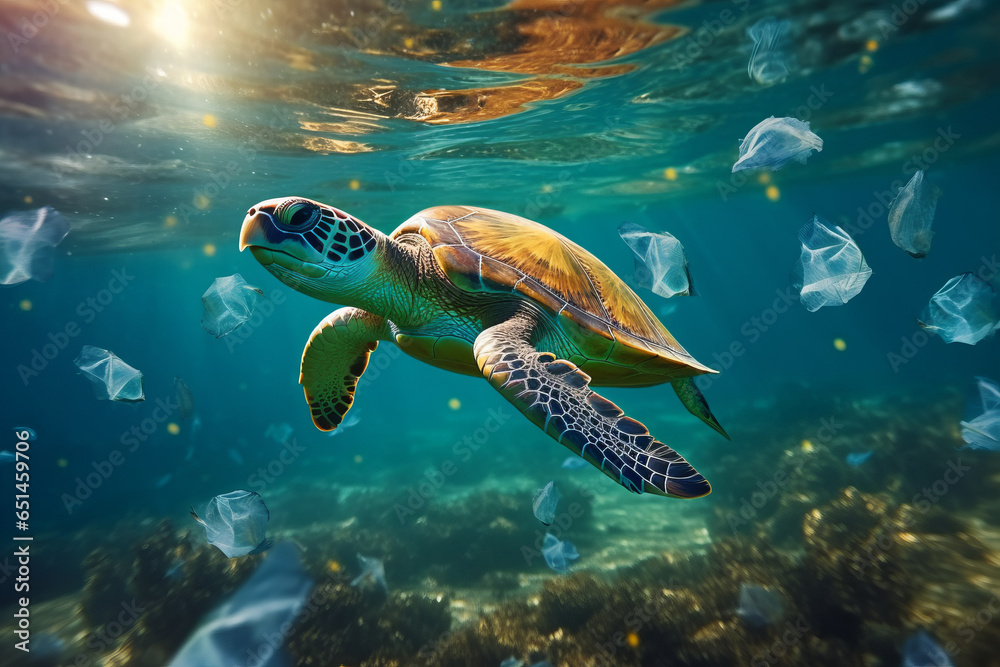 Fototapeta premium Sea Turtles can eat plastic bags mistaking them for jellyfish.Environmental issue of plastic pollution problem.