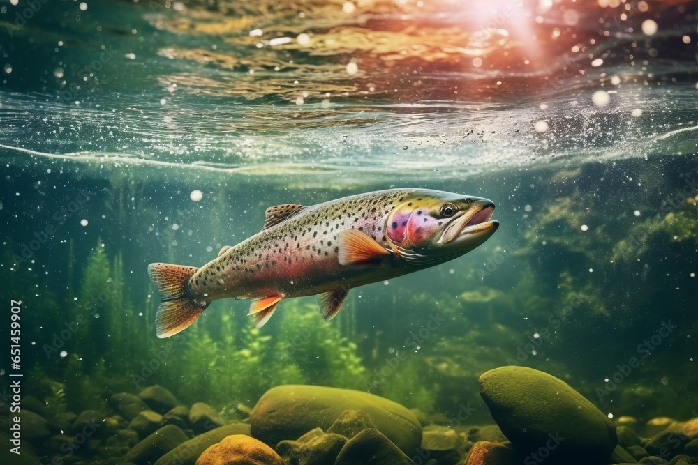 Fishing rainbow trout fish splashing in the water of a forest lake. Fishing rainbow trout fish splashing in the water of a forest lake.