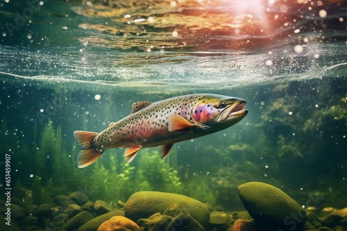 Fishing rainbow trout fish splashing in the water of a forest lake. photo