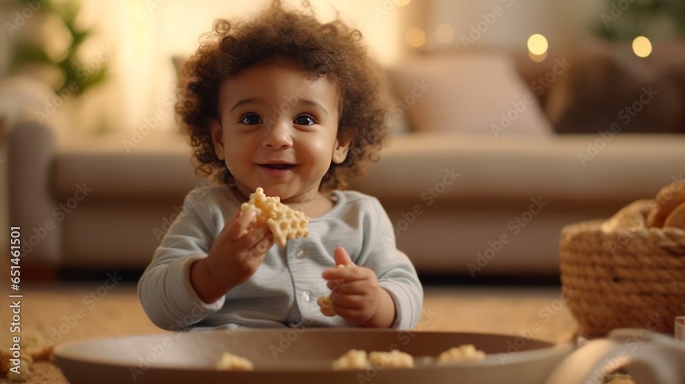 happy baby eating snack with his hand in mouth, living room.generative ai happy baby eating snack with his hand in mouth, living room.generative ai