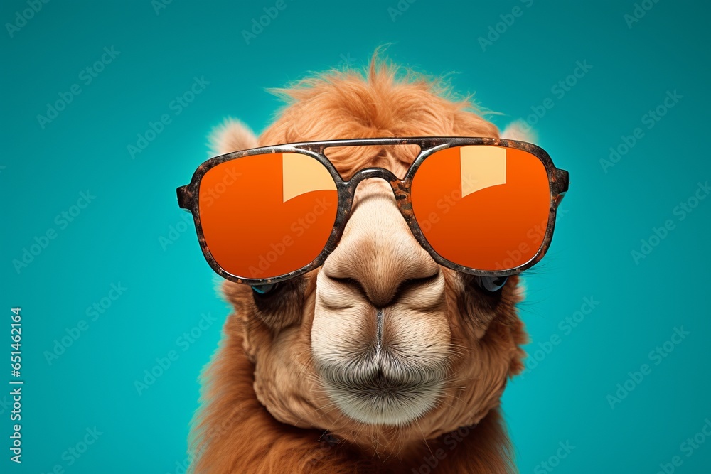 Camel in sunglass shade glasses isolated on solid pastel background