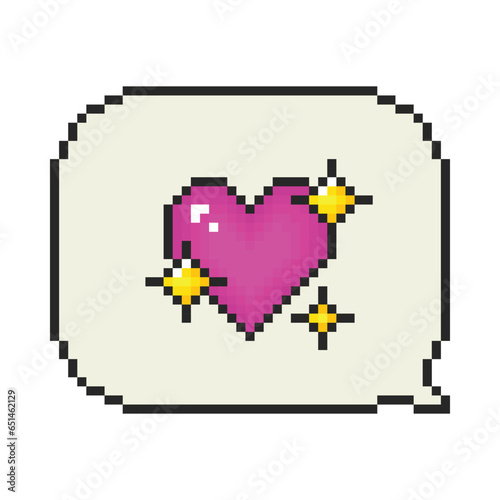 Pixel art dialogue box with heart and stars. Speech bubbles in the mood of 90's game. Vector 8-bit retro style illustration for card, social media, banner, stickers.