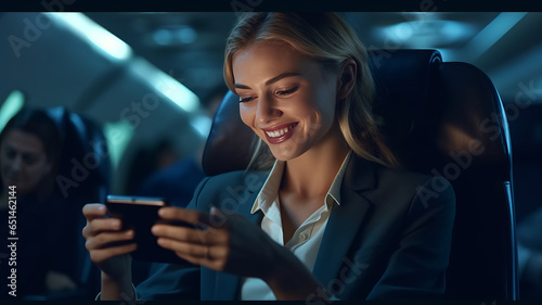 A Smiling female entrepreneur in suit using smartphone while sitting in an airplane. © JKLoma