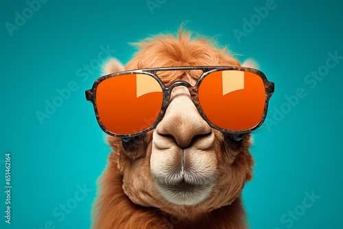 Camel in sunglass shade glasses isolated on solid pastel background © OLKS_AI