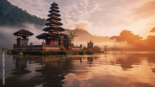 Pura Ulun Danu Bali, Hindu Temple at sunset, Generative AI photo