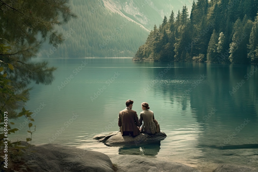 Young lovely couple having picnic with view on nature and lake