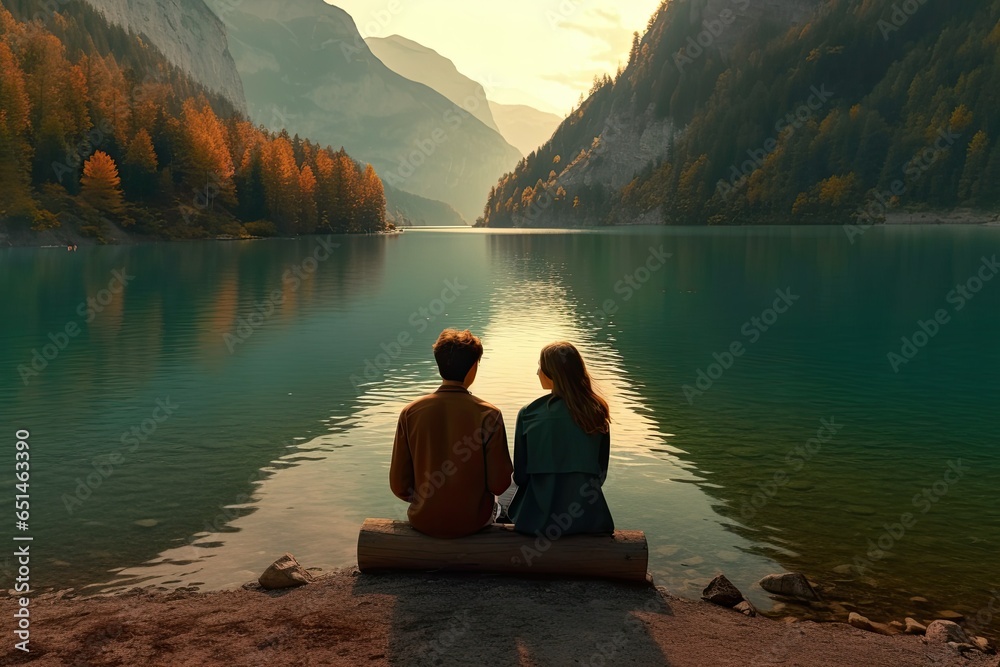 Young lovely couple having picnic with view on nature and lake - obrazy, fototapety, plakaty 