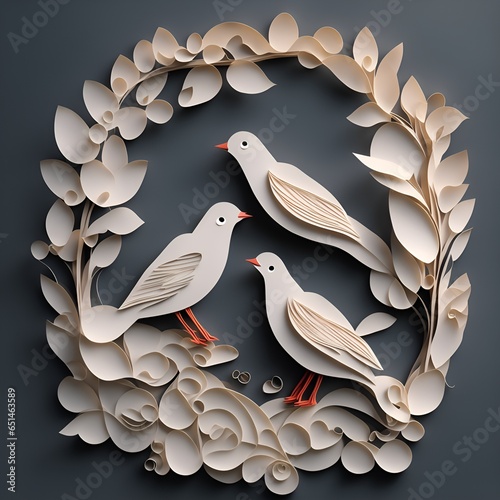paper cut craft, paper quilling, 3D, A pastel white beige pair of birds simple design on black background