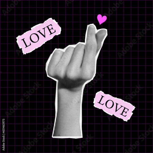 Vector korean heart hand. Illustration of college halftone hand with heart. Trendy retro halftone effect.