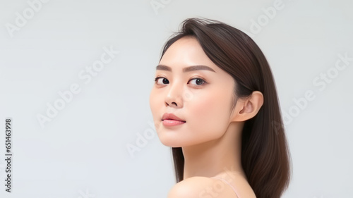 A beautiful asian female model, one hand stroking her cheek, on a white background.