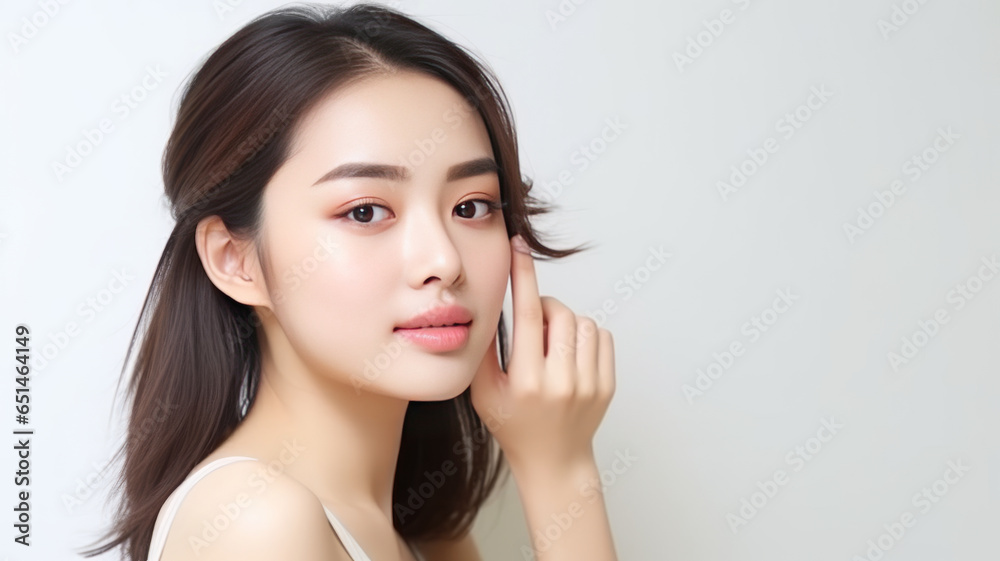 A beautiful asian female model, one hand stroking her cheek, on a white background. A beautiful asian female model, one hand stroking her cheek, on a white background.