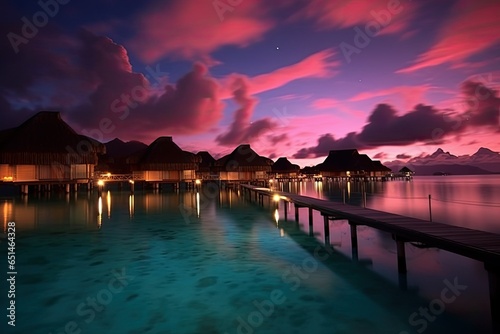Luxury resort villas seascape with soft led lights under colorful sky. Beautiful twilight sky and colorful clouds