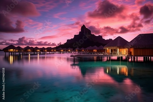 Luxury resort villas seascape with soft led lights under colorful sky. Beautiful twilight sky and colorful clouds