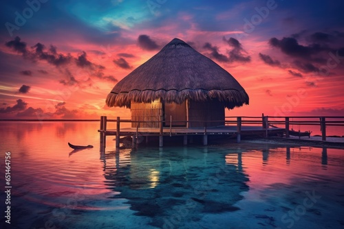 Tropical beach with water bungalows at sunset