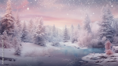 Winter concept landscape. Purple sunset, lake with crystal clear water and ice. It's snowing.