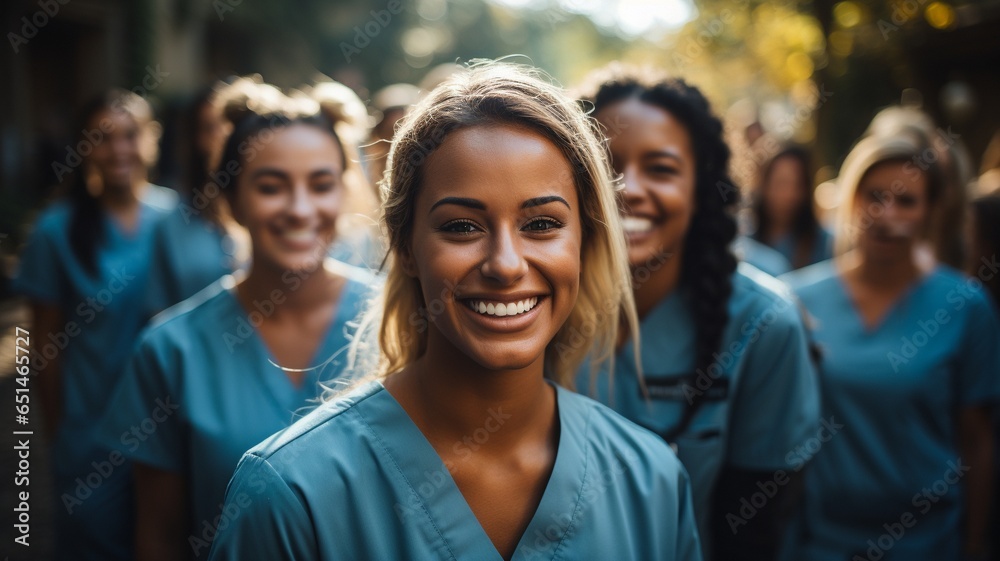 A candid photograph of a group of medical colleagues and student nurses undergoing training at a college..