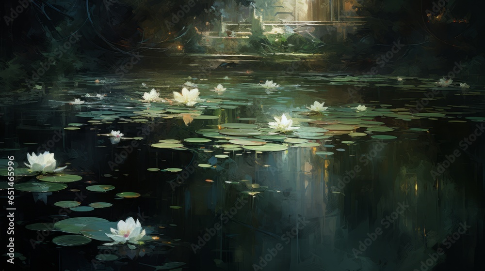 Pond with lilies and reflection of trees in dark water