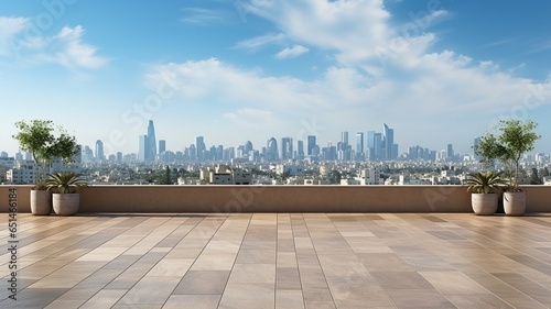 Panoramic picture of the city from the building's roof, showing just the empty floors..