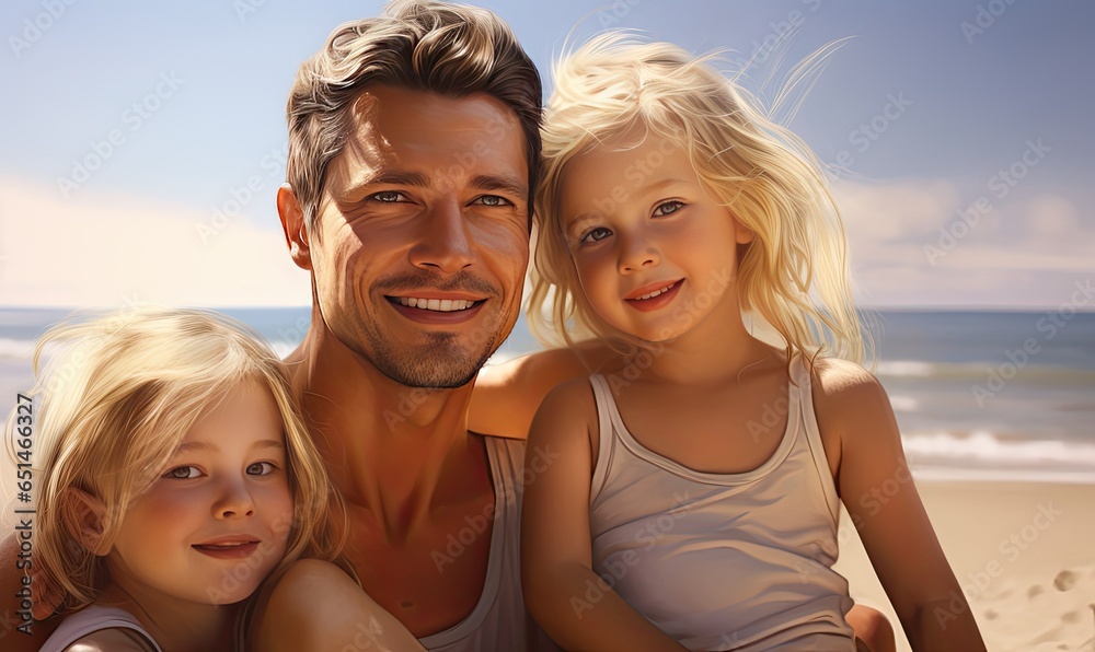 With sand between their toes, the happy family poses for a beach portrait. With sand between their toes, the happy family poses for a beach portrait.