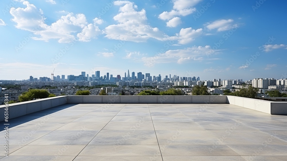 Panoramic picture of the city from the building's roof, showing just the empty floors.. - obrazy, fototapety, plakaty 