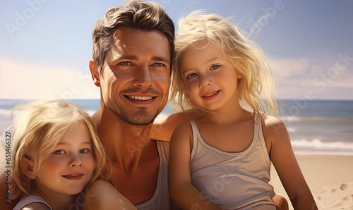 With sand between their toes, the happy family poses for a beach portrait. © uhdenis