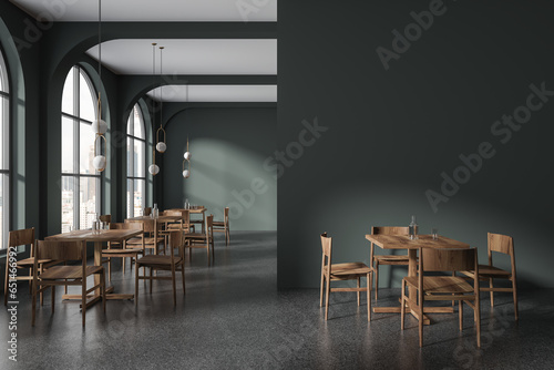 Canvas Print Green cafe interior with chairs and table near window, mockup wall