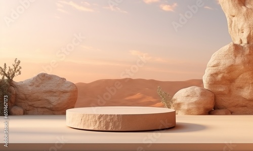 Mockup podium with stone landscape background, tropical scene light mockup for product display or showcase © vectoraja