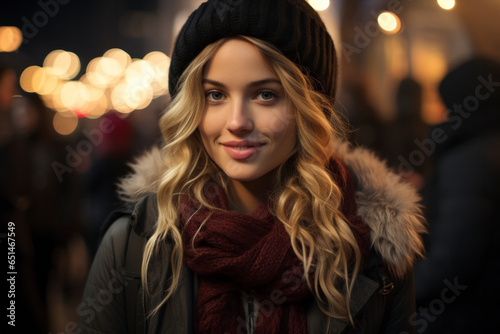 A beautiful blonde girl at an outdoor Christmas market at night, winter clothing and soft lighting © miketea88