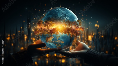 Fototapeta Naklejka Na Ścianę i Meble -  Concept of saving the earth with several hands holding a globe of the planet over their heads..