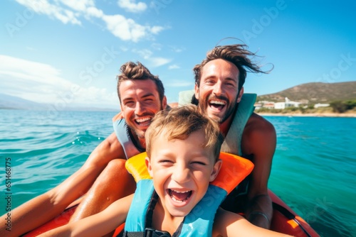 an image of happy two men and their son riiding a boat and smiling © XC Stock