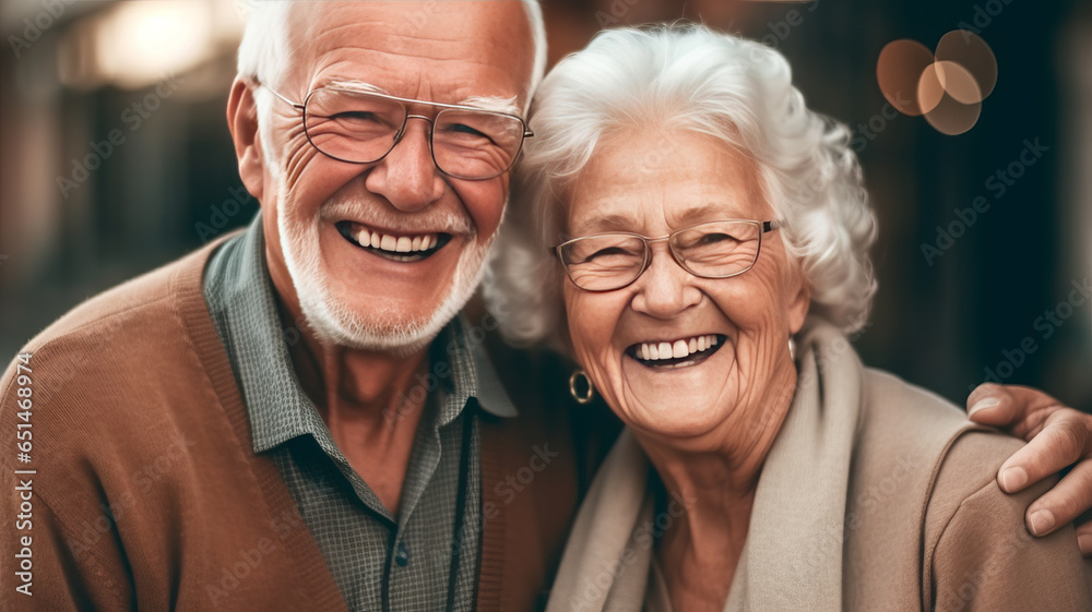 elderly couple is happily posing for a picture, sharing smiles.generative ai