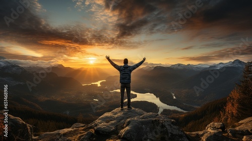 Man in victory standing in silhouette at dusk atop a mountain..