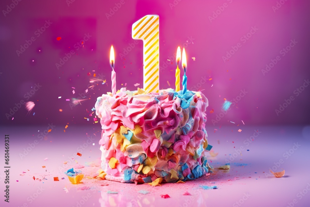 One-year-old birthday cake with Pink background, confetti, crackers - obrazy, fototapety, plakaty 
