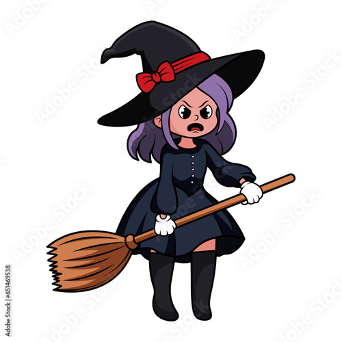 Enchanting Halloween witch cleaning up the spooky mess. Vector illustration of a cute cartoon sorceress with a broom. Whimsical seasonal artwork for holiday celebrations and graphic design projects.