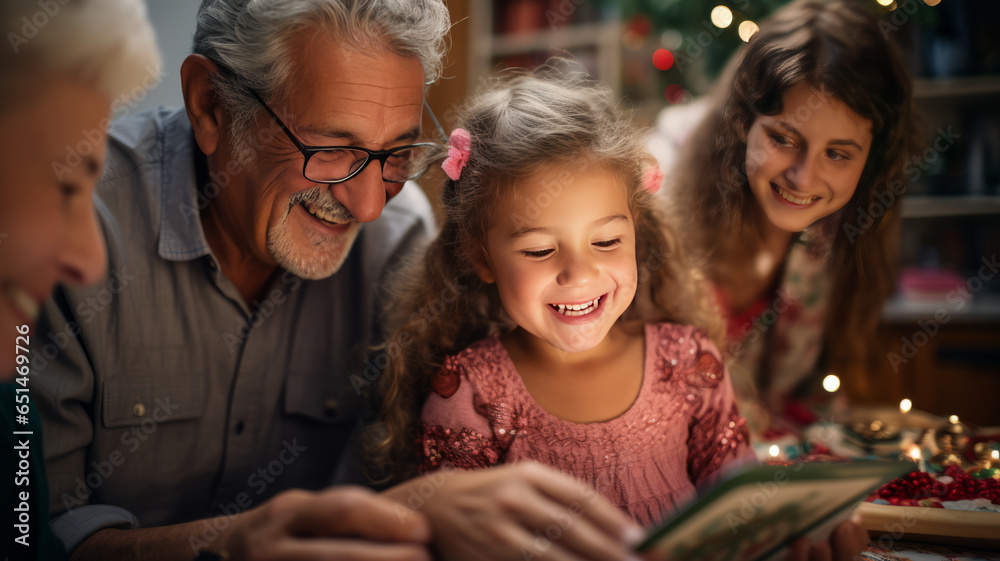 A Happy little girl having fun while using digital tablet with her grandparents at home.generative ai