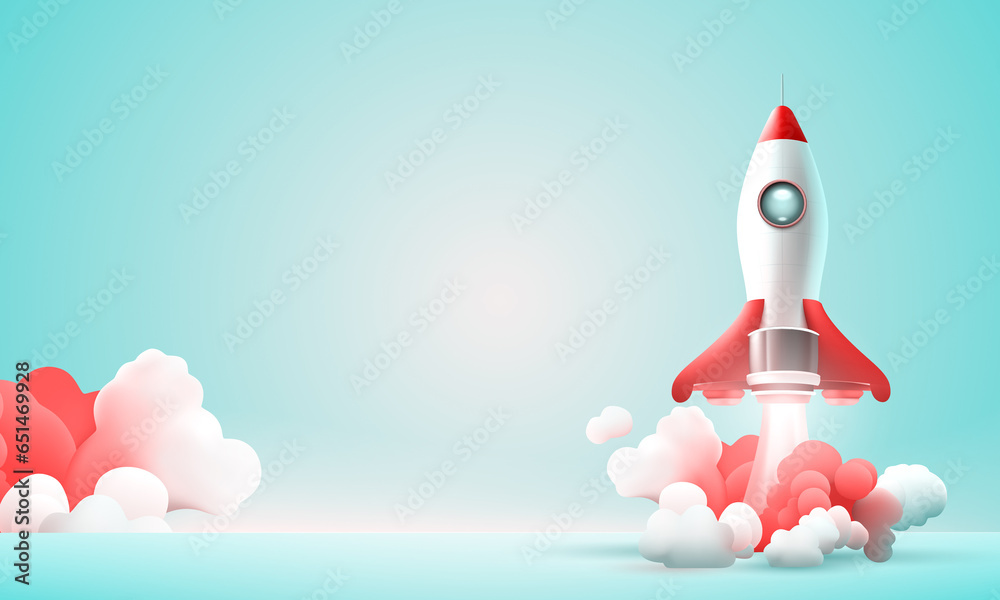 Rocket space startup, creative idea cover, landing page web site, Vector illustration, Rocket flying over cloud,Rocket launch. Business startup concept.