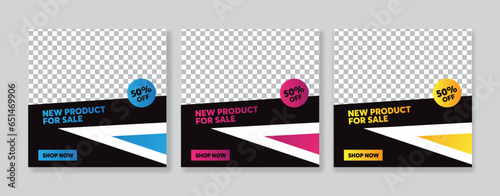Set of editable square banner template. banner with black and gradient color background. Flat design vector with photo collage. Usable for social media, story and web internet ads.