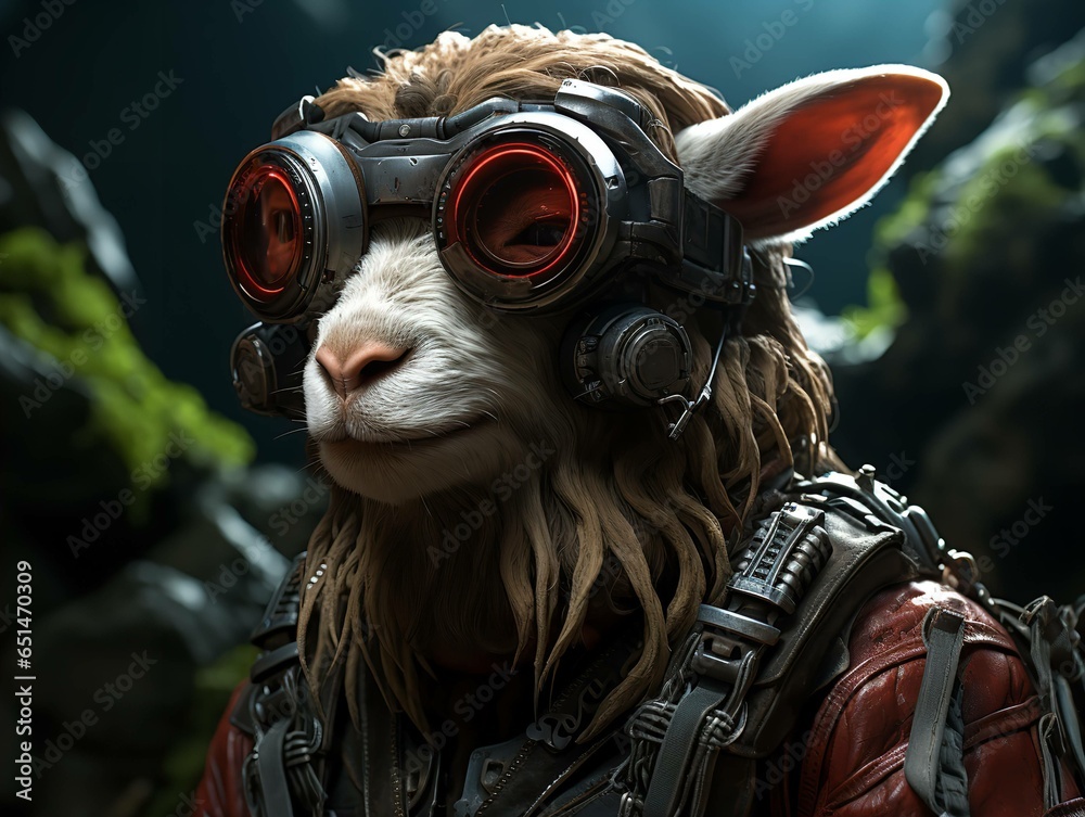 Elegantly Fashioned Goat, Donning Stylish VR Glasses, Takes Center Stage in a Mesmerizing Cinematic Masterpiece Crafted with the Artistry of Neon Surrealism