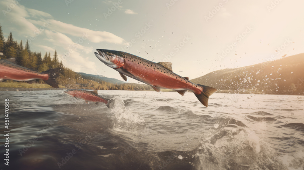 Fototapeta premium Salmon herd jumping out of the water towards the camera.generative ai
