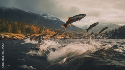 Salmon herd jumping out of the water towards the camera.generative ai photo