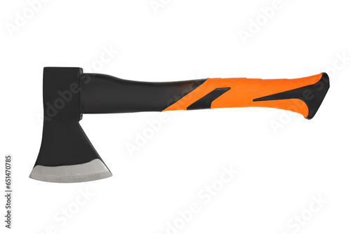 Forged steel axe with fiberglass orange handle isolated on white background