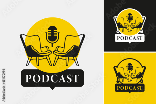 Podcast Broadcast Studio Logo Sofa Mic Microphone Earphone Headset Headphone Entertainment